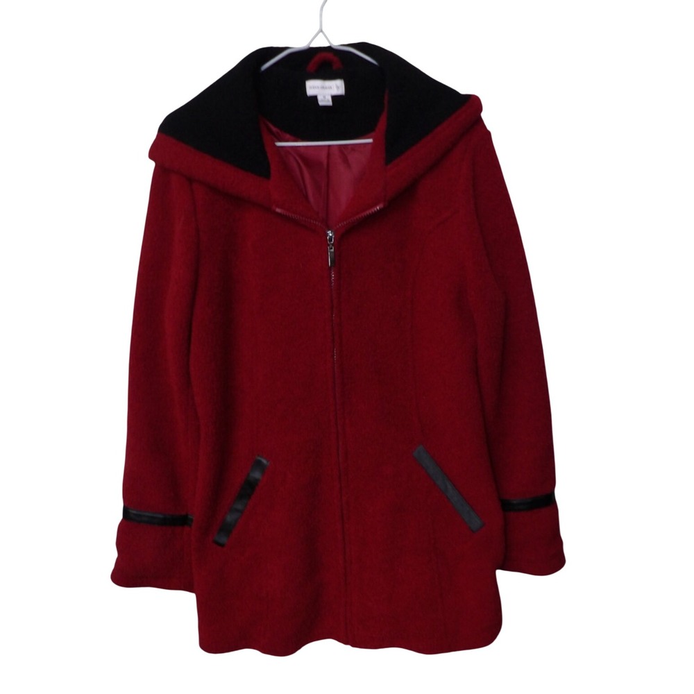 Susan Graver SG Sport Red Hooded Zip Up Coat Faux Leather Trim Medium